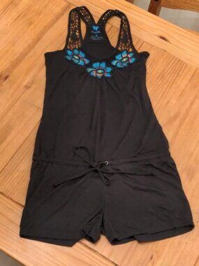 NWT Energie Black Tank Short Romper with Turquoise Floral Embroidery SZ LG